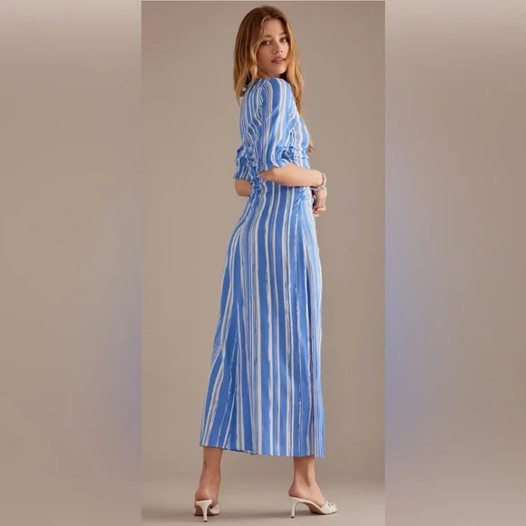 NEW Baum und Pferdgarten Amma Ruched Half Sleeve Striped Midi Dress Blue Size:10 - Picture 3 of 4